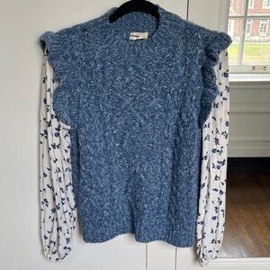 {{Anthropologie}} Blue Knit Sweater Vest with Floral Sleeves